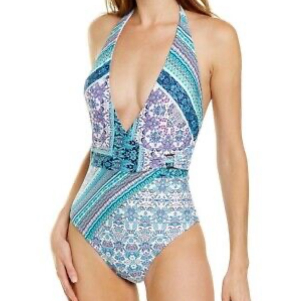 Nanette Lepore Womens V-Neck Halter Swimsuit One Piece Floral Size 12 NEW